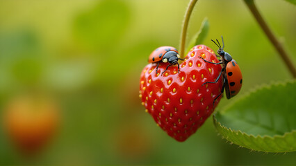Vibrant strawberry with two ladybugs, showcasing nature's beauty in a close-up garden scene.