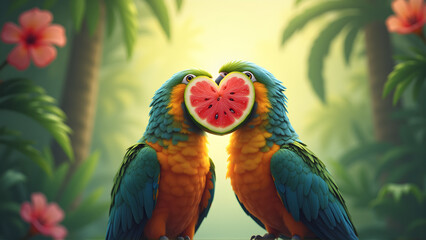 Two vibrant parrots share a heart-shaped watermelon slice in a lush tropical forest, perfect for nature and wildlife enthusiasts.