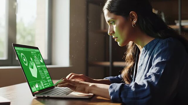 Woman diligently working on laptop, analyzing vibrant green data displays and optimizing digital workflows