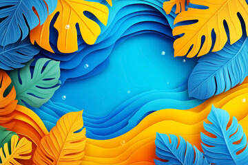 Vibrant tropical leaves with abstract blue background