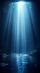 Mystical cave with light beams illuminating a tranquil underground pool