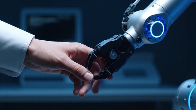 Human Hand Reaching Out to a Robotic Claw Hand in a Dark High Tech Laboratory. Concept of Interaction and Connection Between Man and Machine Technology.