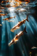 Graceful hammerhead sharks swim in sunlit ocean depths, creating a mesmerizing underwater scene