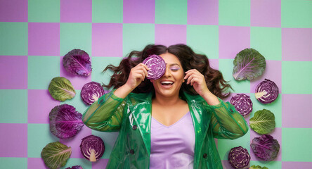 curvy Latina model in  slip lying on a mint&ndash;lilac checkerboard floor, playfully holding purple cabbage slices  in colorful Fashion Portrait 