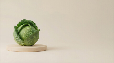 Fresh green cabbage on wooden plate with neutral background - Concept of Cabbage Floral Arrangement  
