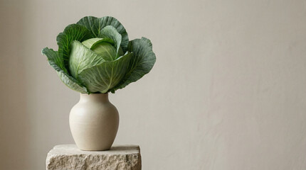 Cabbage floral arrangement in white vase on stone pedestal indoors  