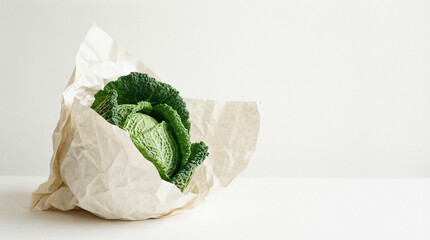 Minimalist composition of cabbage wrapped in kraft paper for gift on studio background with blank space for text  