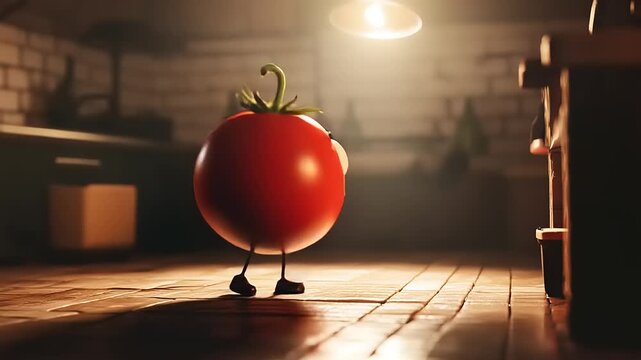 Animated Tomato Character Walking in a Kitchen Setting.
