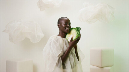 Black woman model draped in a translucent off‑white organza smiling while holding a halved cabbage on white background