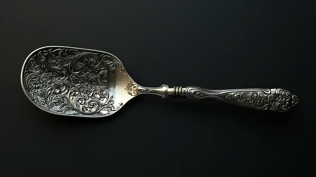Antique Silver Spoon with Ornate Engravings on Black Background.