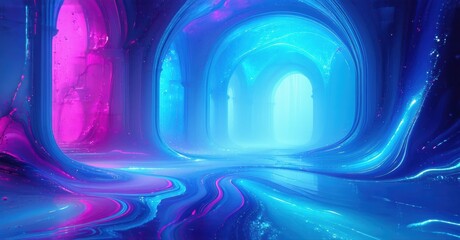 Fototapeta premium Futuristic corridor glows with vibrant pink, blue hues. Smooth curves define space, creating otherworldly atmosphere. Light emanates from distant opening.