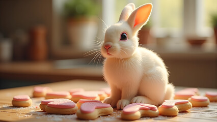 Adorable white bunny with pink ears surrounded by heart-shaped pink-frosted cookies on a wooden table, perfect for Easter or spring themes.
