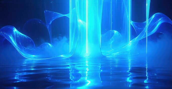 Abstract blue light forms, flowing shapes reflect upon dark water surface. Dramatic illumination creates ethereal mood.