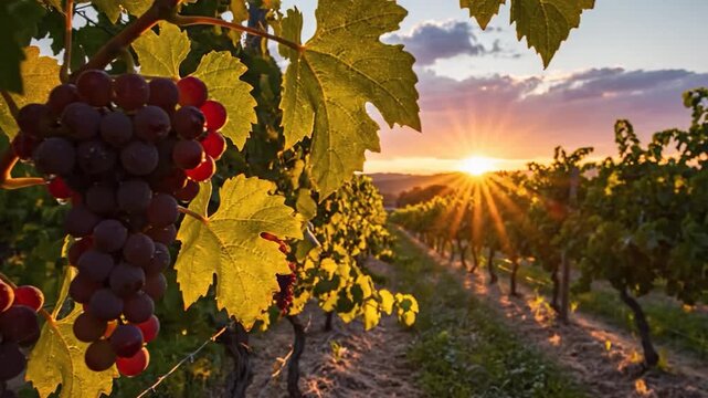 Ripe grapes on a vine bask in the warm glow of a sunset over a vineyard