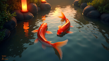 Serene pond with vibrant koi fish swimming under warm lantern lights, surrounded by rocks and lush greenery for peaceful garden ambiance.
