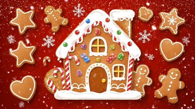 Animated Festive Gingerbread House with Snowflakes and Sugar Decorations on a Red Backdrop for