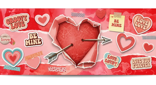 Heart pierced by arrows emerging from paper tear surrounded by Valentine's Day symbols and phrases in a celebratory illustration