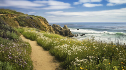 A picturesque coastal path adorned with wildflowers, leading to the ocean, embodying the beauty of nature