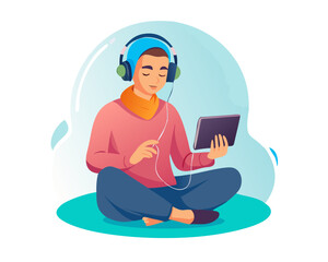 Obraz premium Modern vector of a teenager listening to Quran recitation on high-tech headphones, holding a digital tablet, peaceful expression, Gen Z aesthetic.