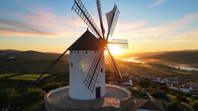 Traditional white windmill stands tall against a vibrant sunset sky