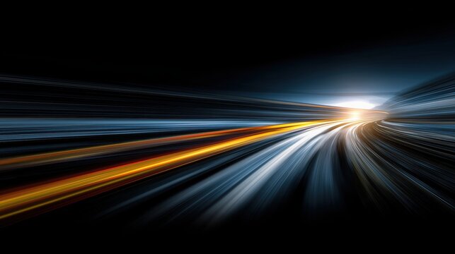 High speed light trails leading to bright horizon on black background, Representing digital transformation and innovation journey.