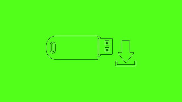 USB Flash Drive Data Download Transfer Vector Line Art Icon Animation Green Screen