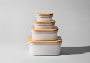 Reusable food containers stacked isolated on light background organization sustainability concept