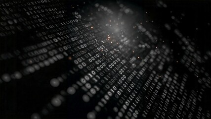 Abstract flowing binary code data stream on dark digital background with bokeh