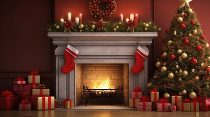 Cozy Christmas Fireplace Scene with Stockings, Wreath, Candles, and Gifts