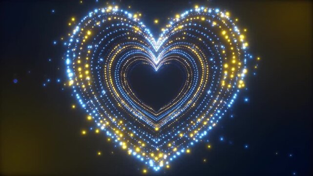 Emotional cinematic symbolic video of soft glowing blue and yellow lights forming a subtle heart shape, gentle light particles floating in slow motion, dark clean background, minimalist artistic compo