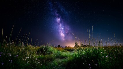 Beautiful Milky Way galaxy rising over a grassy meadow field at night