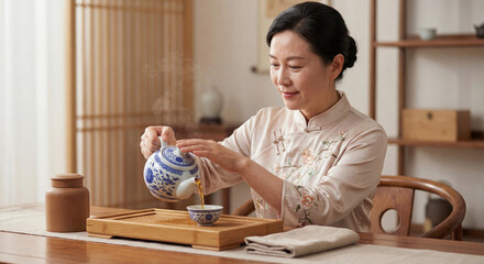 Chinese woman pouring tea from a traditional teapot at home 