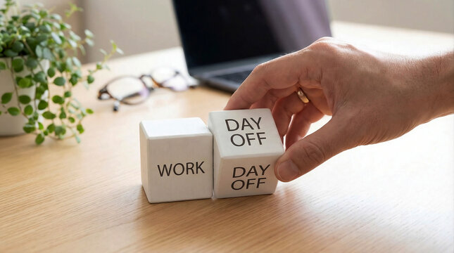 Hand turning wooden cubes from work to day off on office desk with laptop and blurred background, work life balance concept