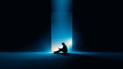 Silhouette of person using laptop in front of giant glowing smartphone screen portal in the dark