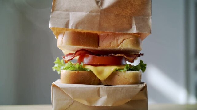 Artisan BLT Sandwich Emerging from Brown Paper Takeout Bag in Minimal Studio