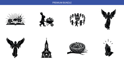 Fototapeta premium Easter and Angel Icon Bundle: Easter Bunny, Praying Hands, Open Book with Flowers, Church, and Angel Silhouettes