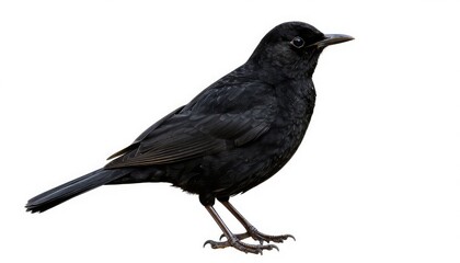 Obraz premium Majestic black bird standing on white background with sharp gaze