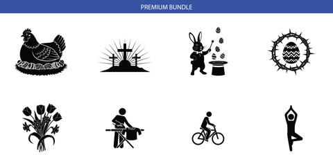 Obraz premium Diverse Icon Set: Chicken, Crucifixion, Magic Bunny, Crown of Thorns, Tulips, Ironing, Cycling, and Yoga Pose