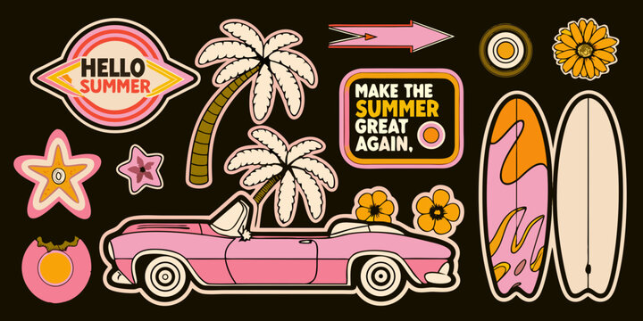Colorful summer stickers featuring palm trees a car and cheerful slogans