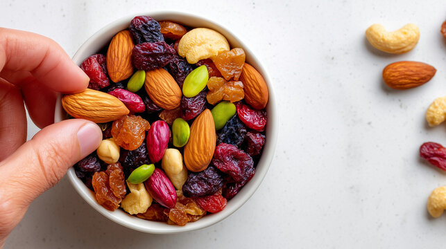 Hand Adding Almond to Bowl of Nuts and Dried Fruits Marble

