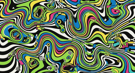 Fototapeta premium Vibrant psychedelic illustration featuring swirling patterns, abstract shapes, and dynamic colors in a mesmerizing artwork from a close-up viewpoint