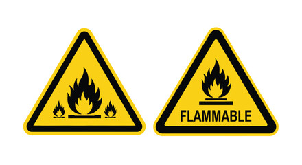 Obraz premium Yellow triangular warning signs indicating flammable materials or substances with fire hazard symbols and cautionary text