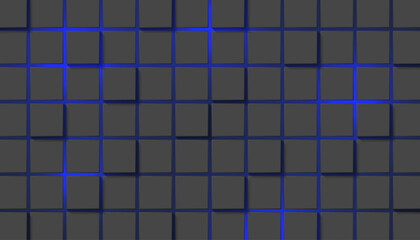 Abstract technology-style background with three-dimensional square patterns and blue neon light.