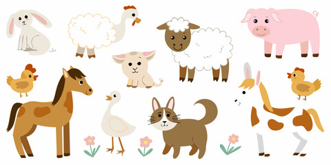 Fototapeta premium Charming cartoon farm animals and pets gathered with floral elements