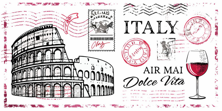 Italian travel collage featuring the colosseum stamps and wine