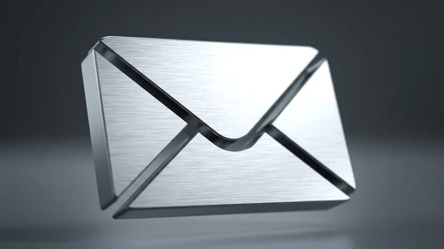 A 3D rendered metallic envelope icon with a brushed silver finish