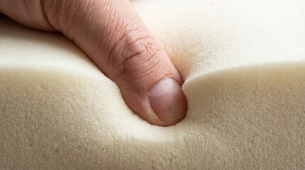 Macro Detail of Finger Pressing into Thick White Marshmallow Memory Foam