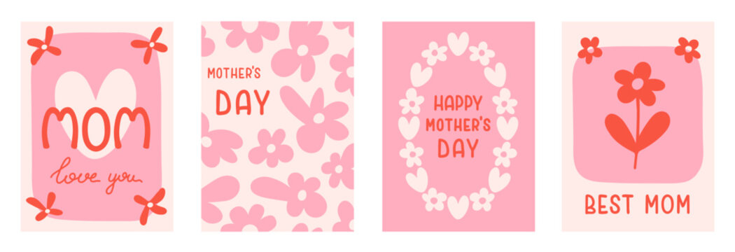 Set of Mother's Day cards with cute flowers. Vector illustration