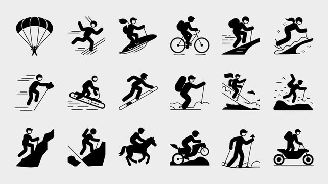 Adventures in Silhouette: A captivating collection of monochrome silhouettes showcasing a spectrum of thrilling outdoor pursuits, capturing the spirit of adventure. 