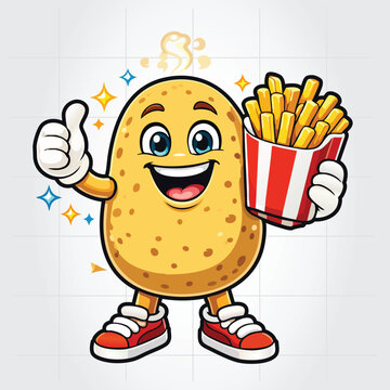 Happy Potato Mascot with Thumbs Up and Fries Elements